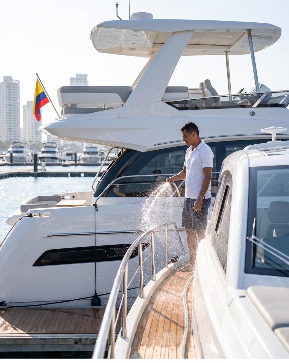 Tripulante lavando la cubierta de un yate en la marina
