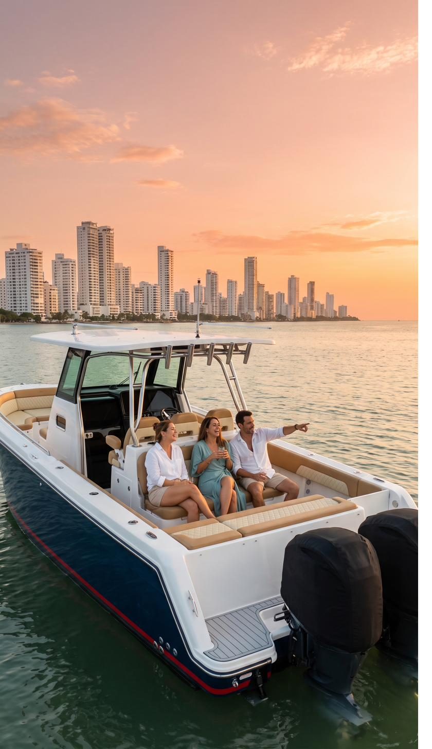 Grupo a bordo durante el atardecer en la bahía de Cartagena