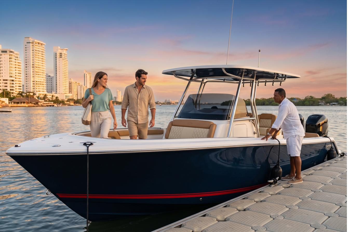 Pareja a bordo al atardecer con el skyline de Bocagrande al fondo