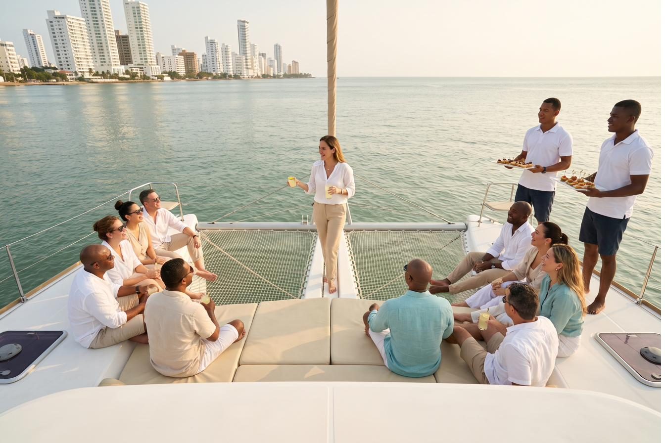 Equipo de empresa en la proa de un catamarán, con la tripulación sirviendo