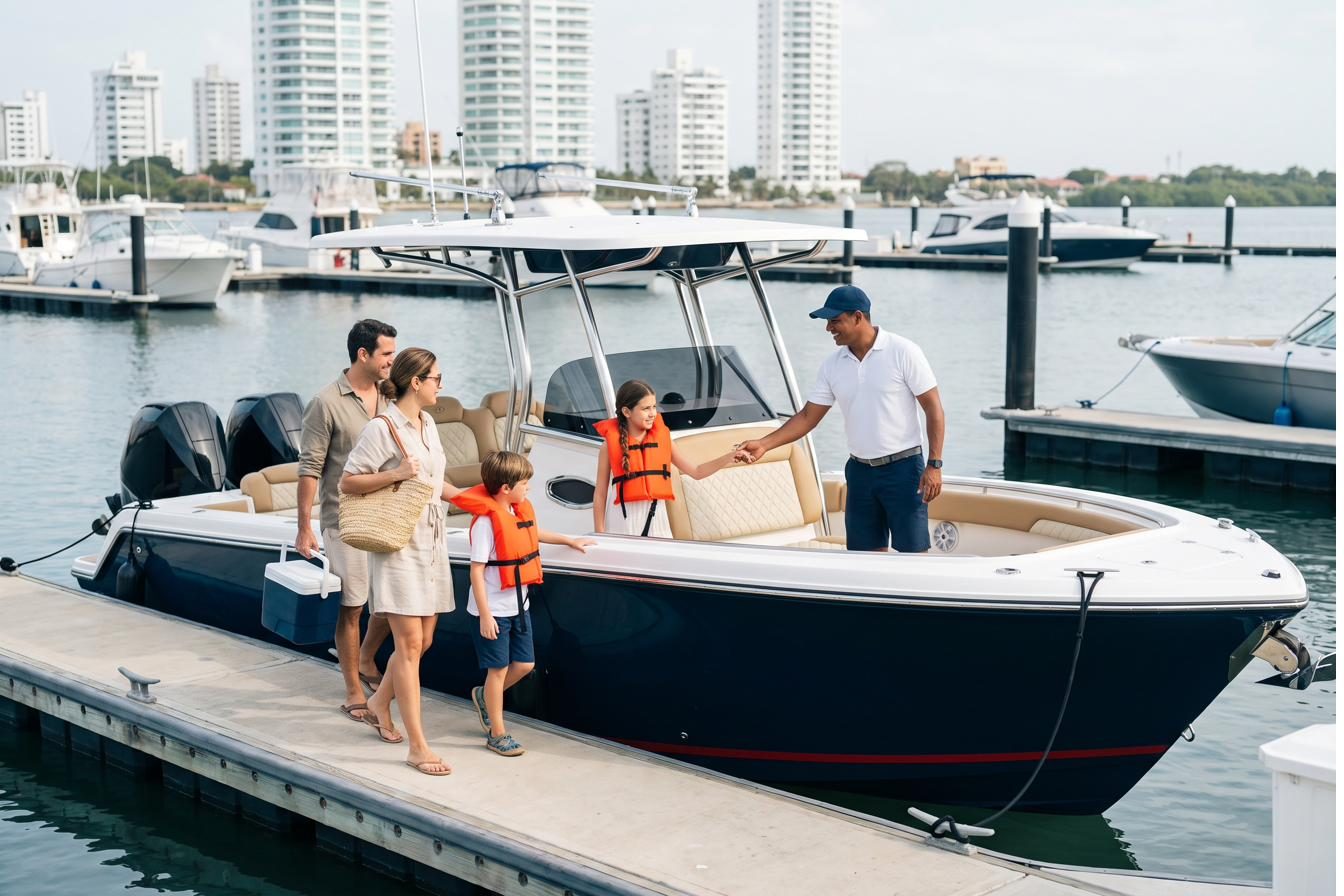 Familia con niños subiendo a bordo en la marina