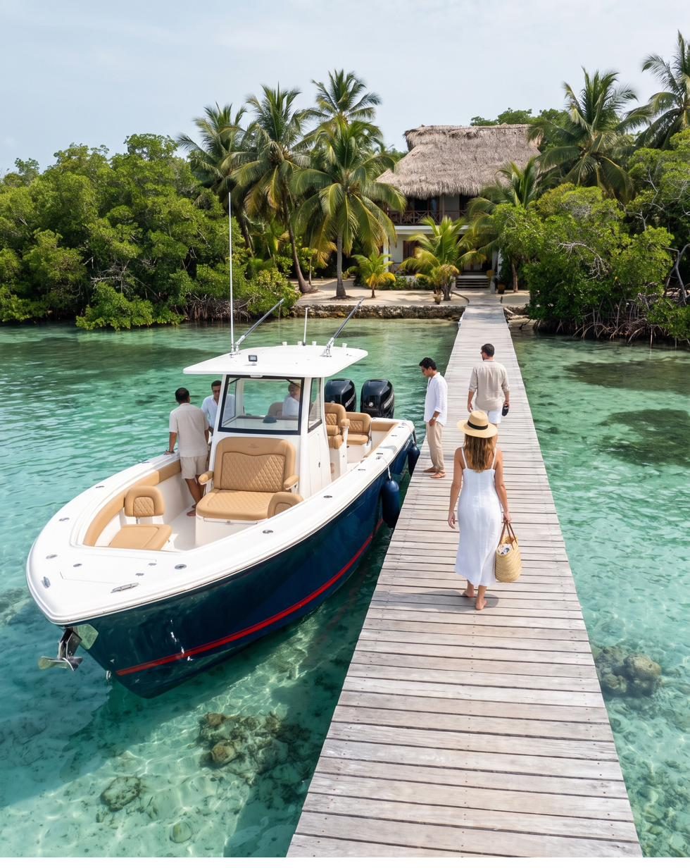 Muelle de isla con casa de palma y una lancha amarrada en las Islas del Rosario