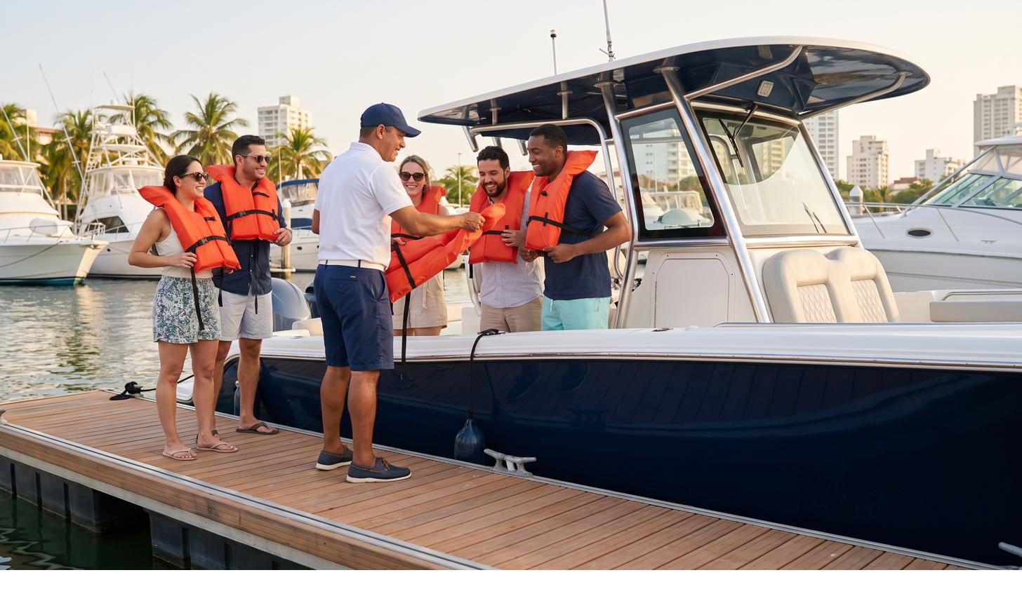 Capitán explicando la seguridad a bordo con los chalecos puestos
